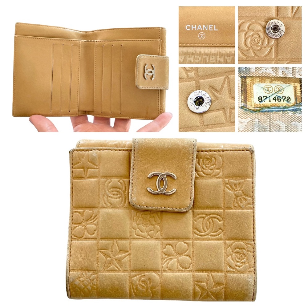 Authentic CHANEL Camel Tan Icon Embossed  Camellia Compact Wallet & Coin Purse